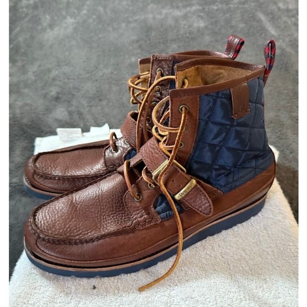 Polo Ralph Lauren Saddle Worth III Brown Leather Navy Quilted Boots Mens 11 D